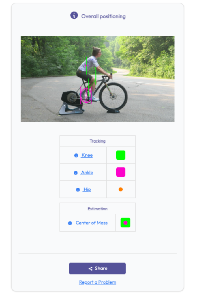 Bike fit results for a female cyclist that displays overall positioning metrics