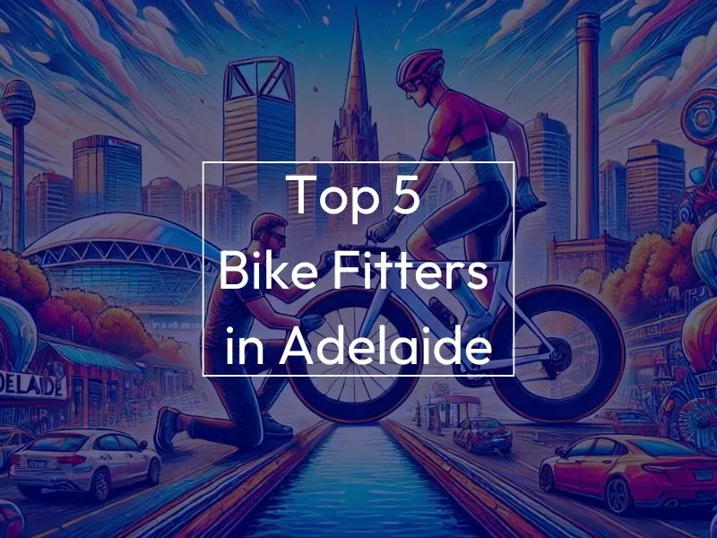 Man on bike, background image is a skyline of Adelaide. Text on screen reads "Top 5 Bike Fitters in Adelaide"