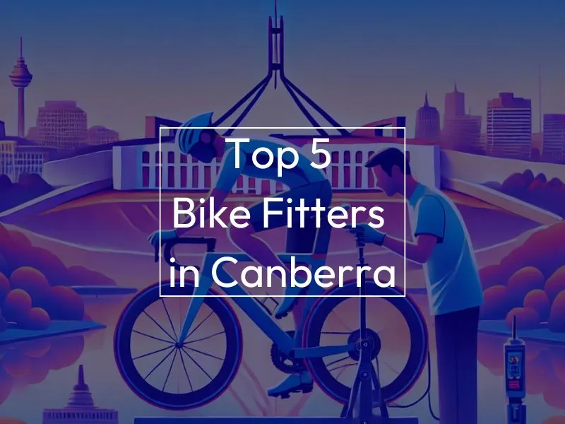 Man on bike, background image is a skyline of Canberra. Text on screen reads "Top 5 Bike Fitters in Canberra"