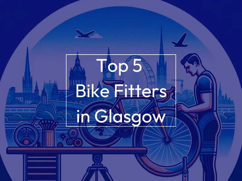 Top 5 Bike Fitters in Glasgow - MyVeloFit Man on bike, background image is a skyline of Glasgow. Text on screen reads "Top 5 Bike Fitters in Glasgow"