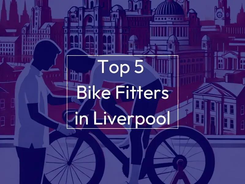 Top 5 Bike Fitters in Liverpool - MyVeloFit Man on bike, background image is a skyline of Liverpool. Text on screen reads "Top 5 Bike Fitters in Liverpool"