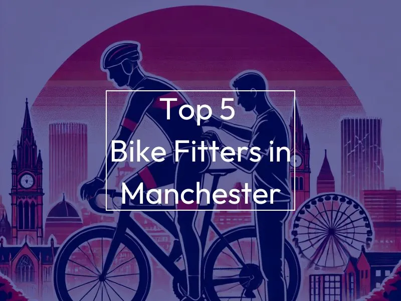 Top 5 Bike Fitters in Manchester - MyVeloFit Man on bike, background image is a skyline of Manchester. Text on screen reads "Top 5 Bike Fitters in Manchester"