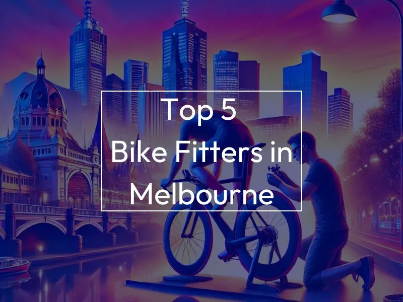Man on bike, background image is a skyline of Melbourne. Text on screen reads "Top 5 Bike Fitters in Melbourne"