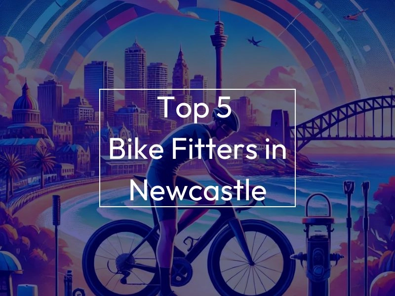 Man on bike, background image is a skyline of Newcastle. Text on screen reads "Top 5 Bike Fitters in Newcastle"