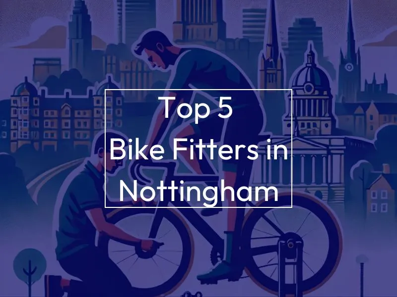 Man on bike, background image is a skyline of Nottingham. Text on screen reads "Top 5 Bike Fitters in Nottingham"