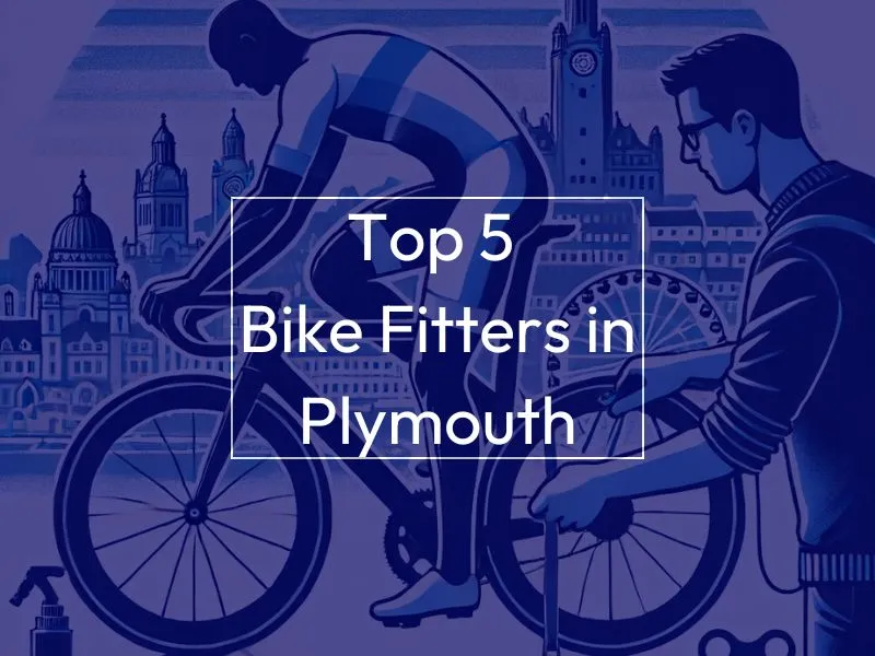 Man on bike, background image is a skyline of Plymouth. Text on screen reads "Top 5 Bike Fitters in Plymouth"