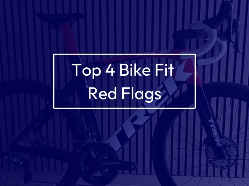 A road bike with excessively high hood positioning, Text on screen reads "Top 4 Bike Fit Red Flags".