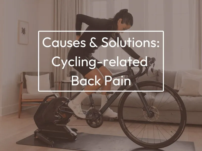 Woman on a bike experiencing back pain. Text on screen reads "Common Causes And Solutions To Cycling-related Back Pain".