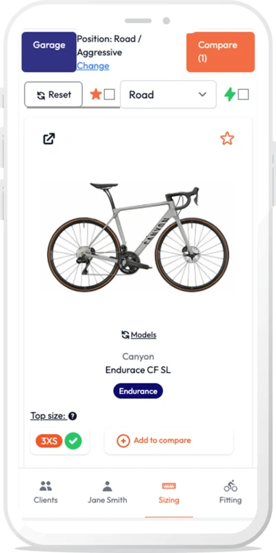 virtual fit bike sizing select